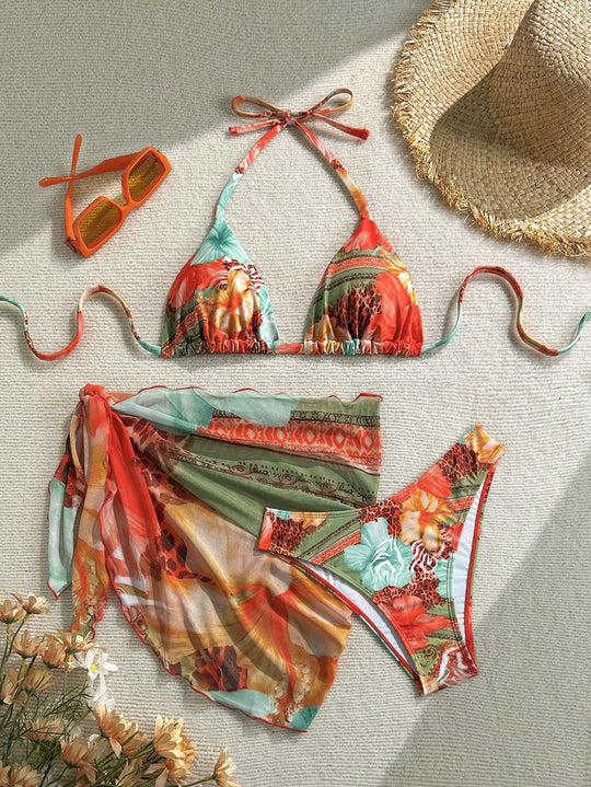 Damen Florales Bikini-Set mit Kombination aus Oberteil und Wickeltuch R&B