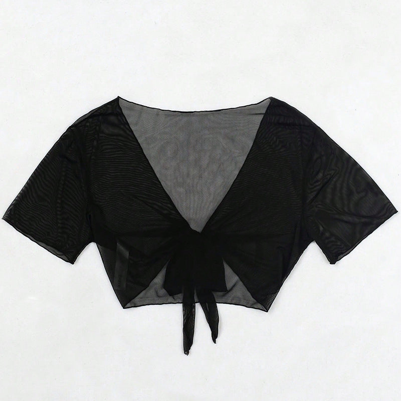 Damen Crop-Top mit V-Ausschnitt und dekorativem Bindand