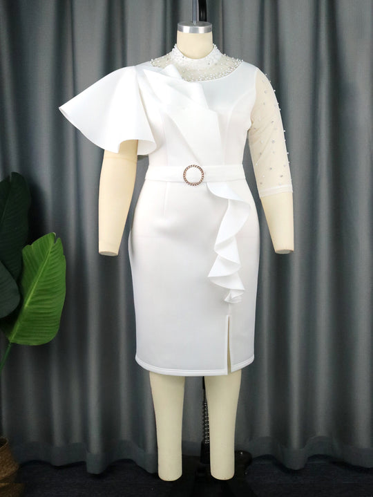 Damen Cocktailkleid mit asymmetrischem Rüschendesign und dekorativen Perlenakzenten R&B