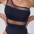 Damen einseitiger Badeanzug mit transparenten Einsätzen R&B