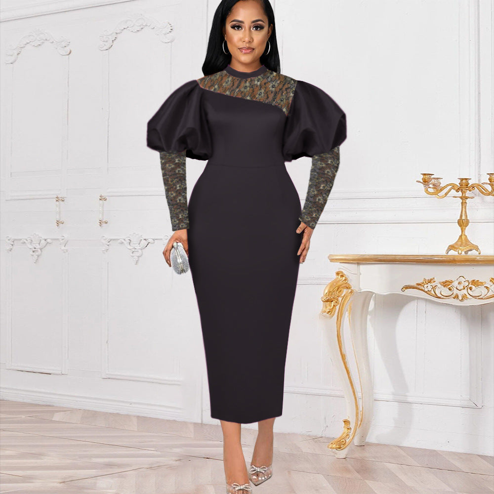 Damen Midi-Kleid mit langen Spitzenärmeln und voluminösen Puffärmeln R&B
