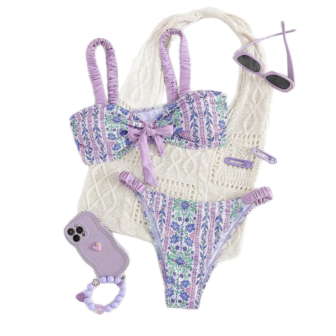 Damen Bandeau-Bikini mit floralem Design und verspielten Rüschen R&B