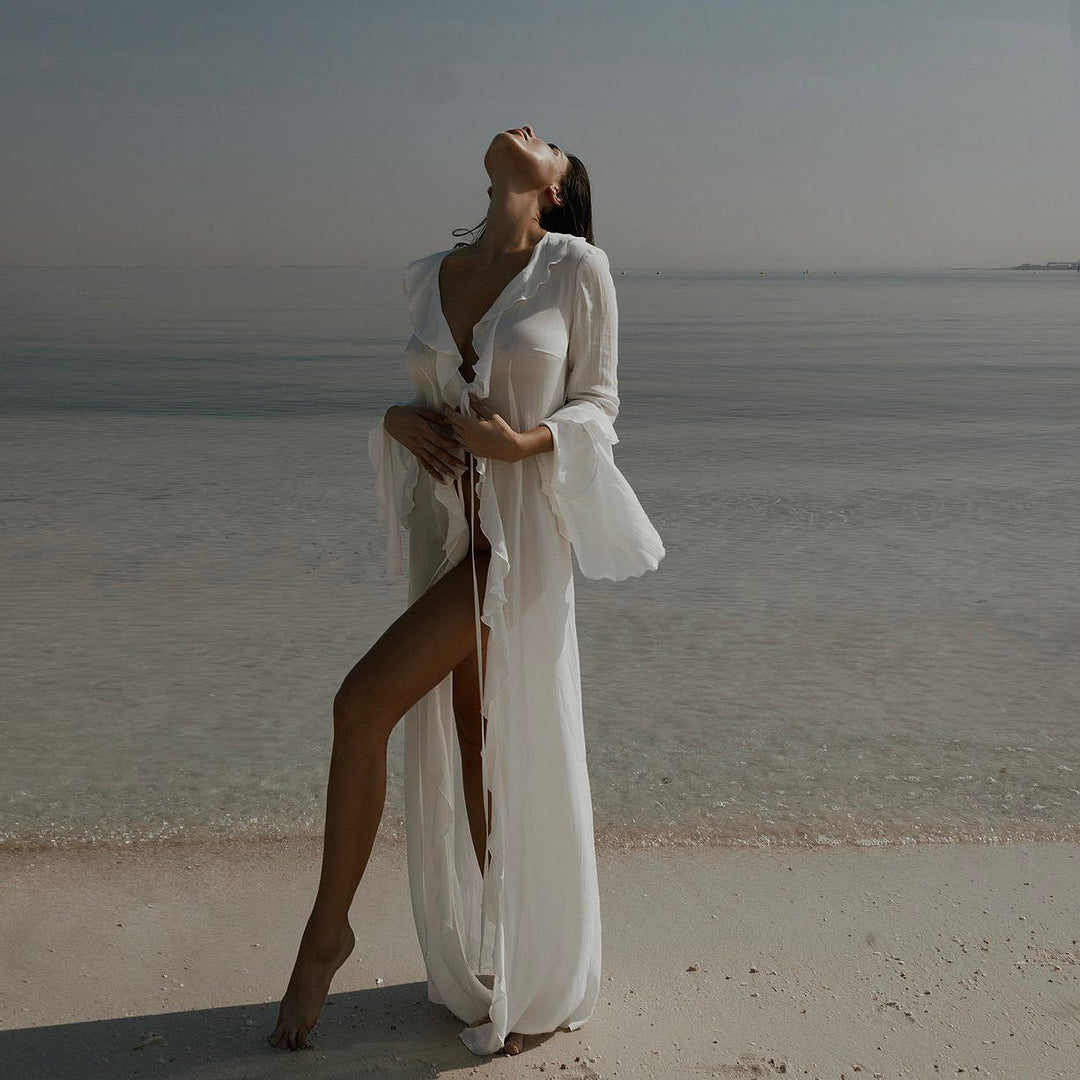 Damen elegantes Strandkleid mit Rüschen und tiefem Schlitz R&B