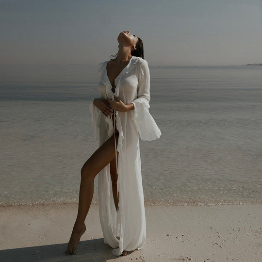 Damen elegantes Strandkleid mit Rüschen und tiefem Schlitz R&B