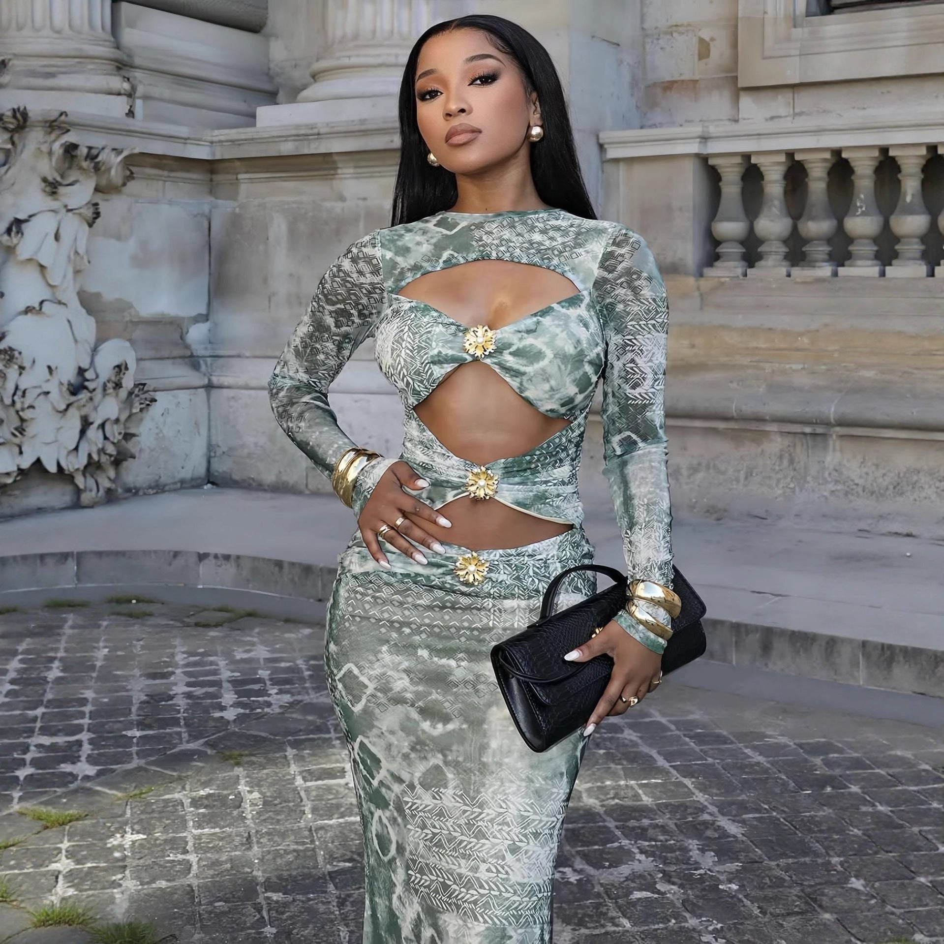 Damen Maxikleid mit transparenten Einsätzen und raffinierten Rüschendetails R&B