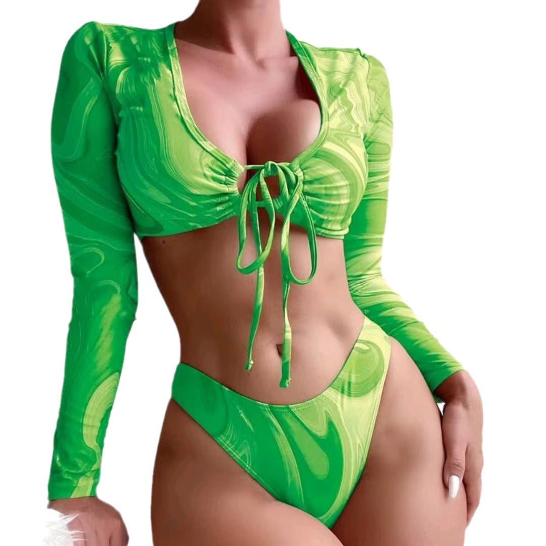 Damen Surf-Bikini-Set mit langärmligem Crop-Top und hochgeschnittenen Unterteilen R&B