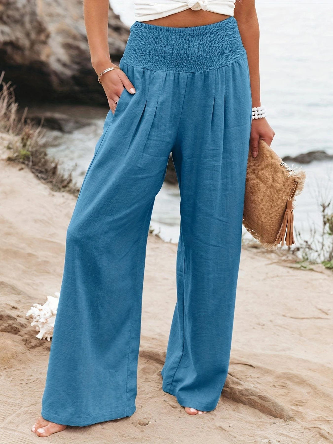 Damen weite Sommerhose mit hohem Bund und eleganten Falten R&B