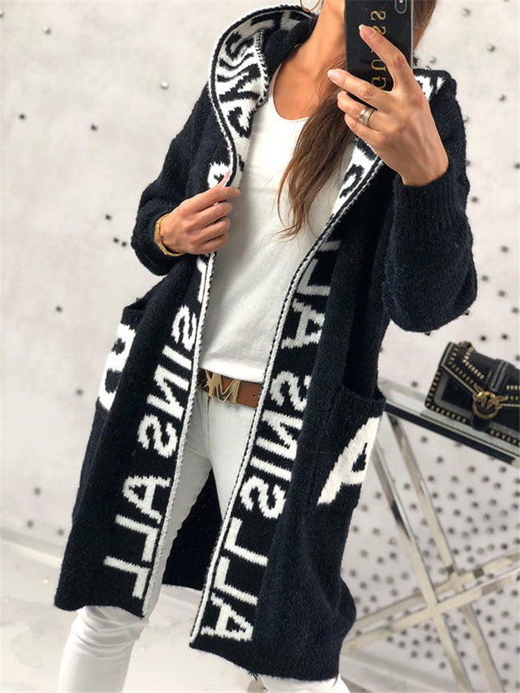 Damen Langarm-Strickcardigan mit Kapuze und praktischen Taschen R&B