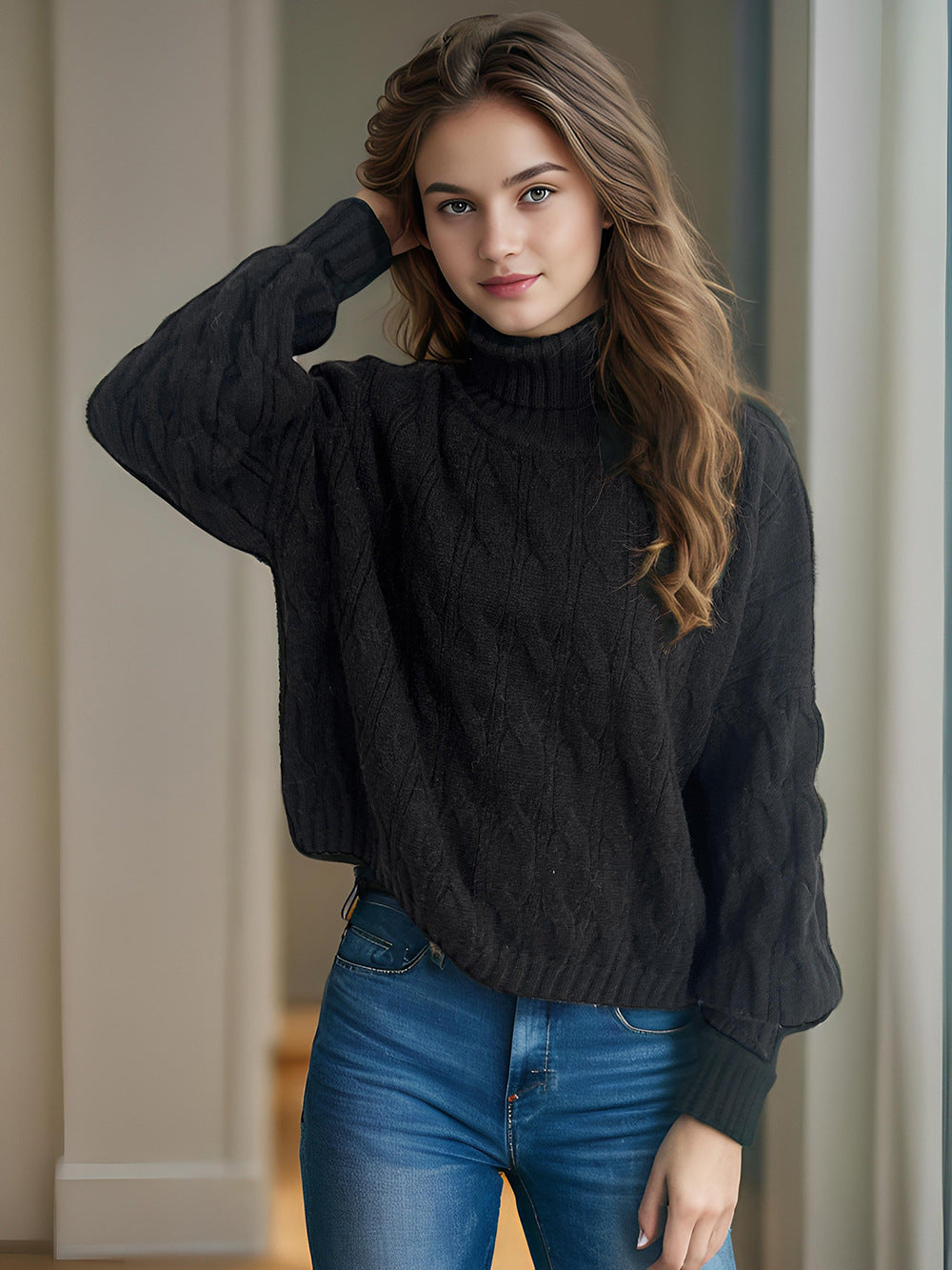 Damen Strickpullover mit hohem Kragen und strukturierter Zopfoptik R&B