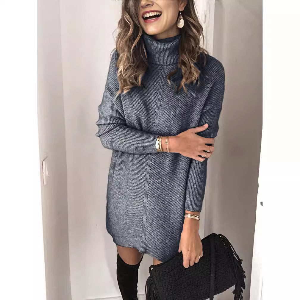 R&B | Strickkleid Gerippte Struktur Hoher Hals Langärmlig Lockere Passform