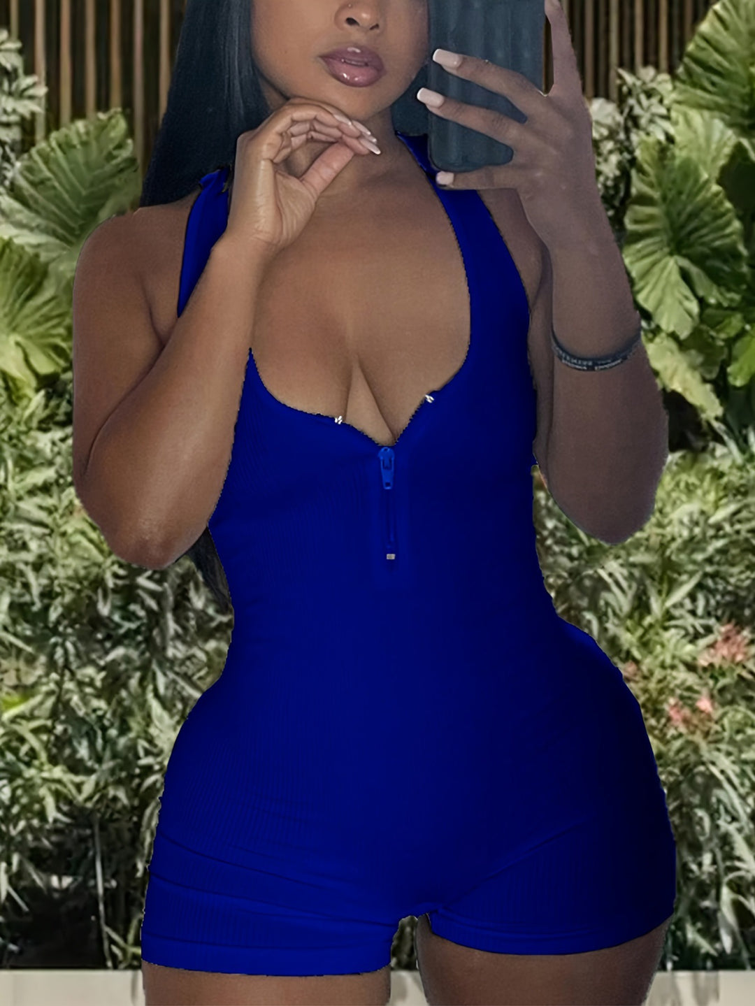 Damen Jumpsuit mit tiefem Ausschnitt und Reißverschluss R&B