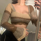 Damen gehäkeltes Crop-Top mit langen Ärmeln und ausgefallenem Saum R&B