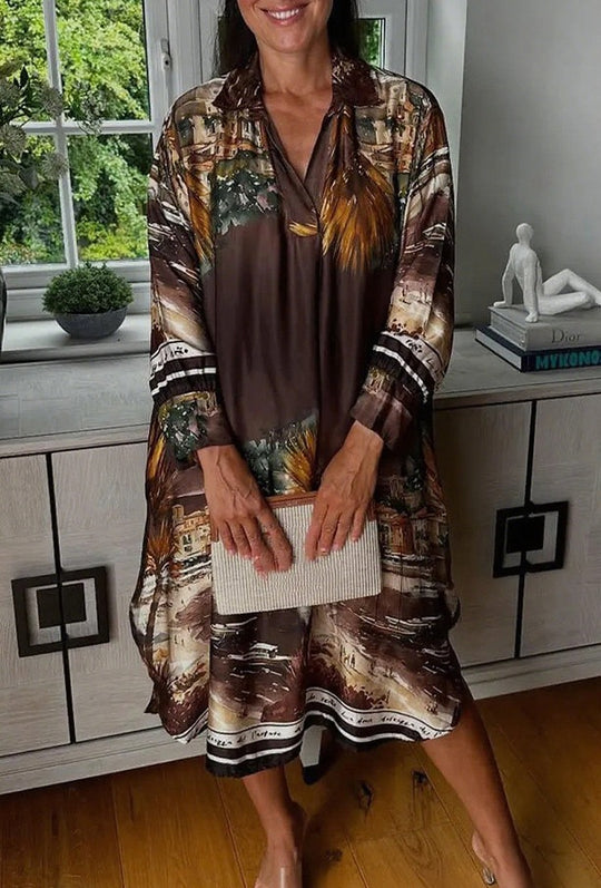 Damen nan Seidenoptik-Hemdkleid im Kaftanstil mit illustrativem Küstenprint R&B