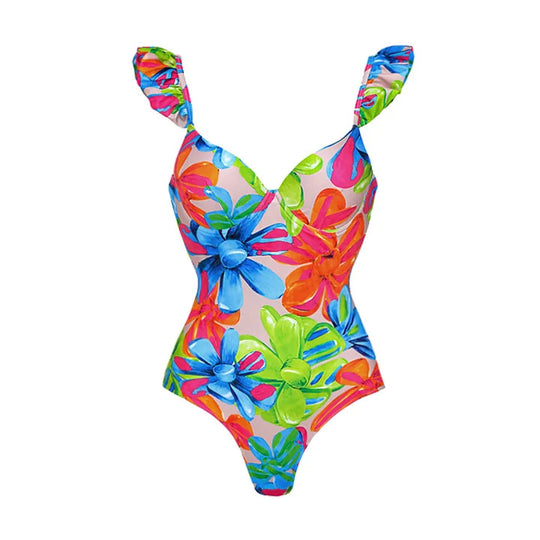 Damen Einteiler Badeanzug mit raffinierten Cut-Out-Details und floralem Design R&B