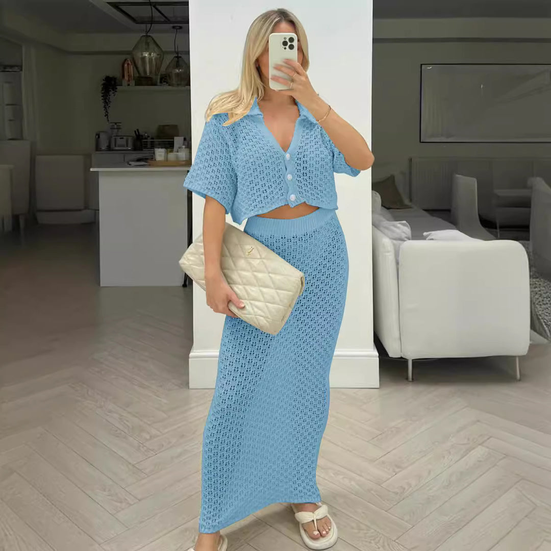 Damen Strick-Set mit offenem Cardigan und maxi Rock R&B