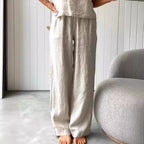 Damen lässiges Leinen-Set mit trägerloser Bluse und weiten Hosen R&B