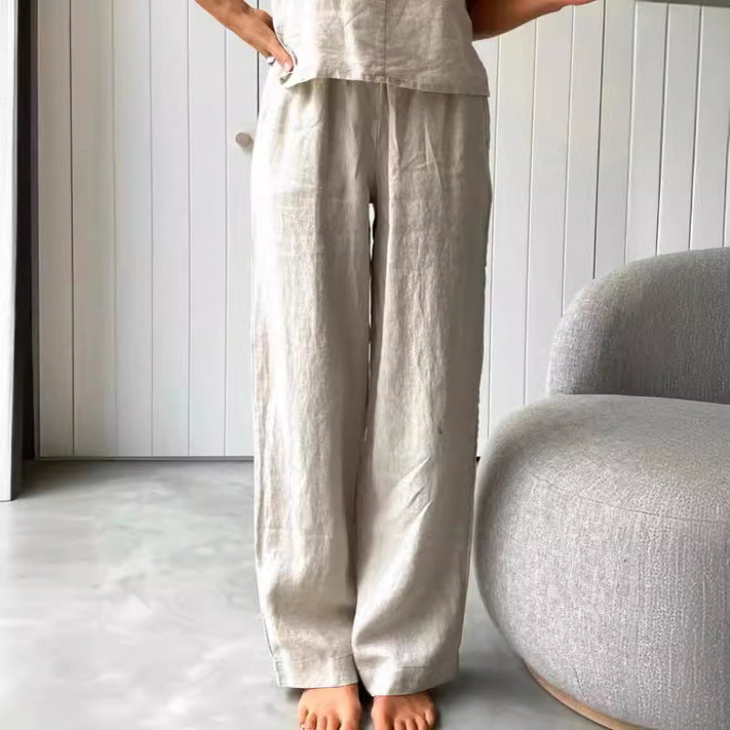 Damen lässiges Leinen-Set mit trägerloser Bluse und weiten Hosen R&B