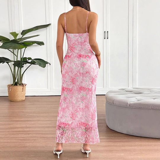 Damen elegantes Maxikleid mit floralem Muster und seitlichem Schlitz R&B