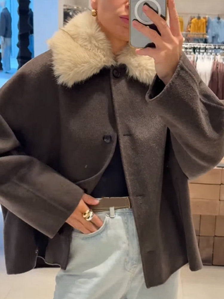 Damen elegante Oversized-Jacke mit Sherpa-Kragen R&B