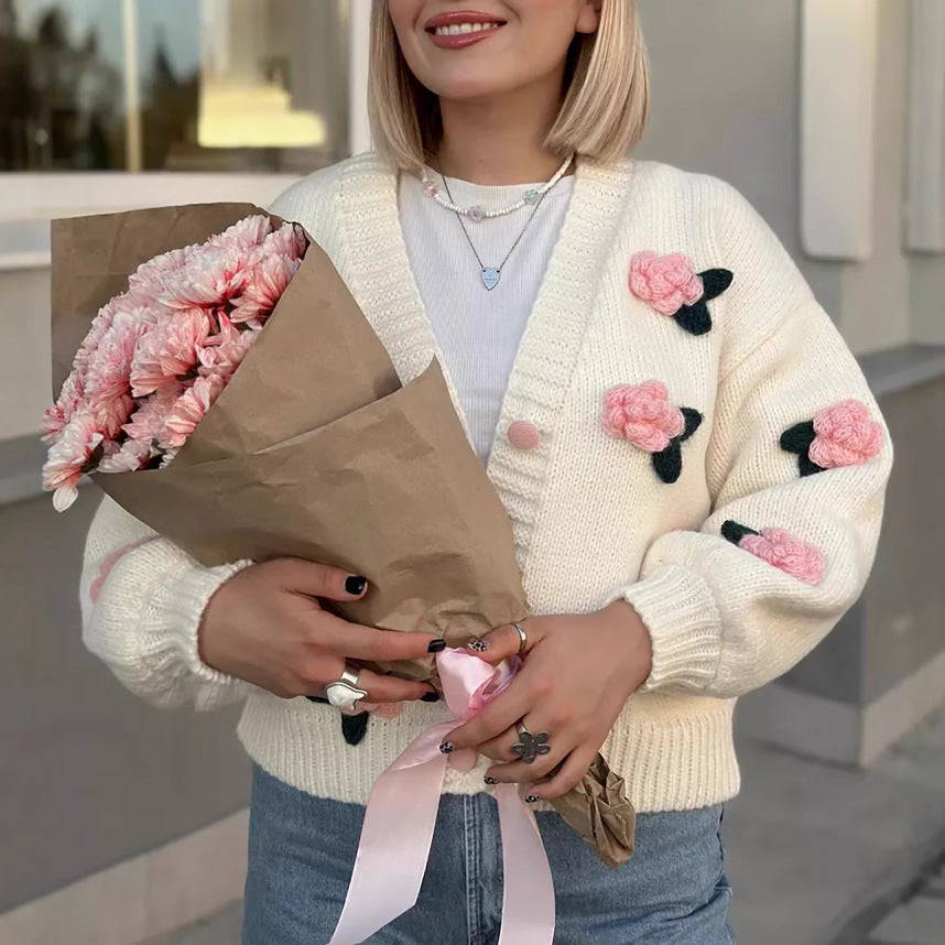 Damen Strickjacke mit floralen Applikationen und voluminösen Ärmeln R&B