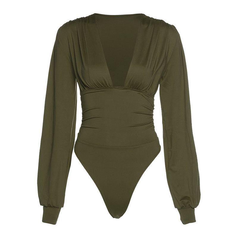 Damen Eleganter Langarm-Bodysuit mit V-Ausschnitt R&B