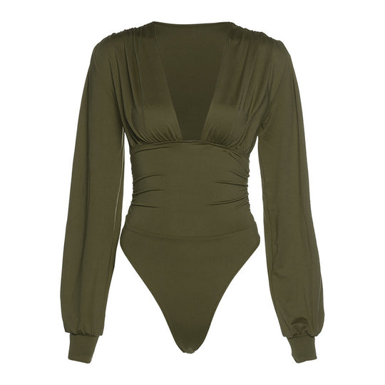 Damen Eleganter Langarm-Bodysuit mit V-Ausschnitt R&B