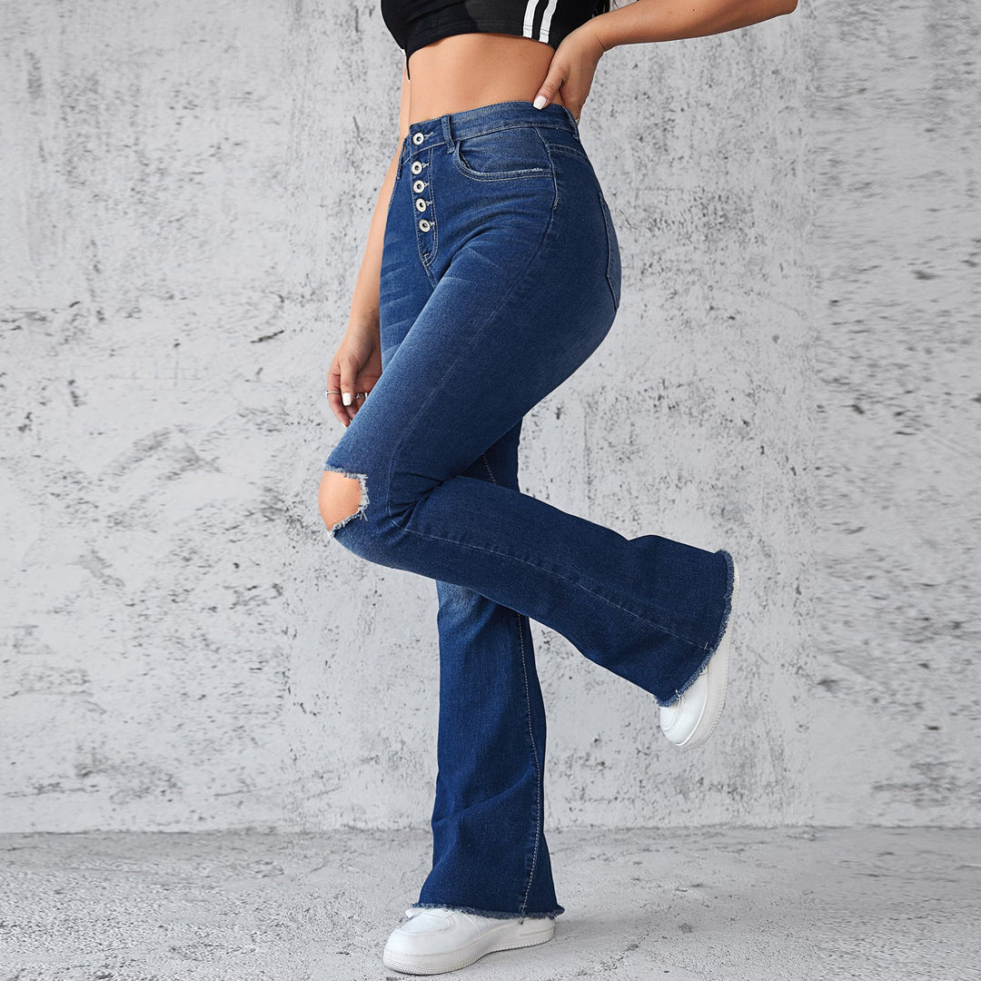 Damen Schlagjeans mit distressed Details und hohem Bund R&B