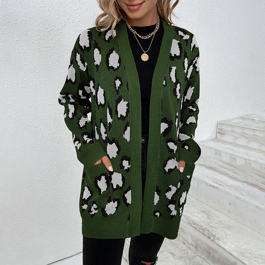 Damen modische Strickjacke mit Leopardenmuster und praktischen Taschen R&B