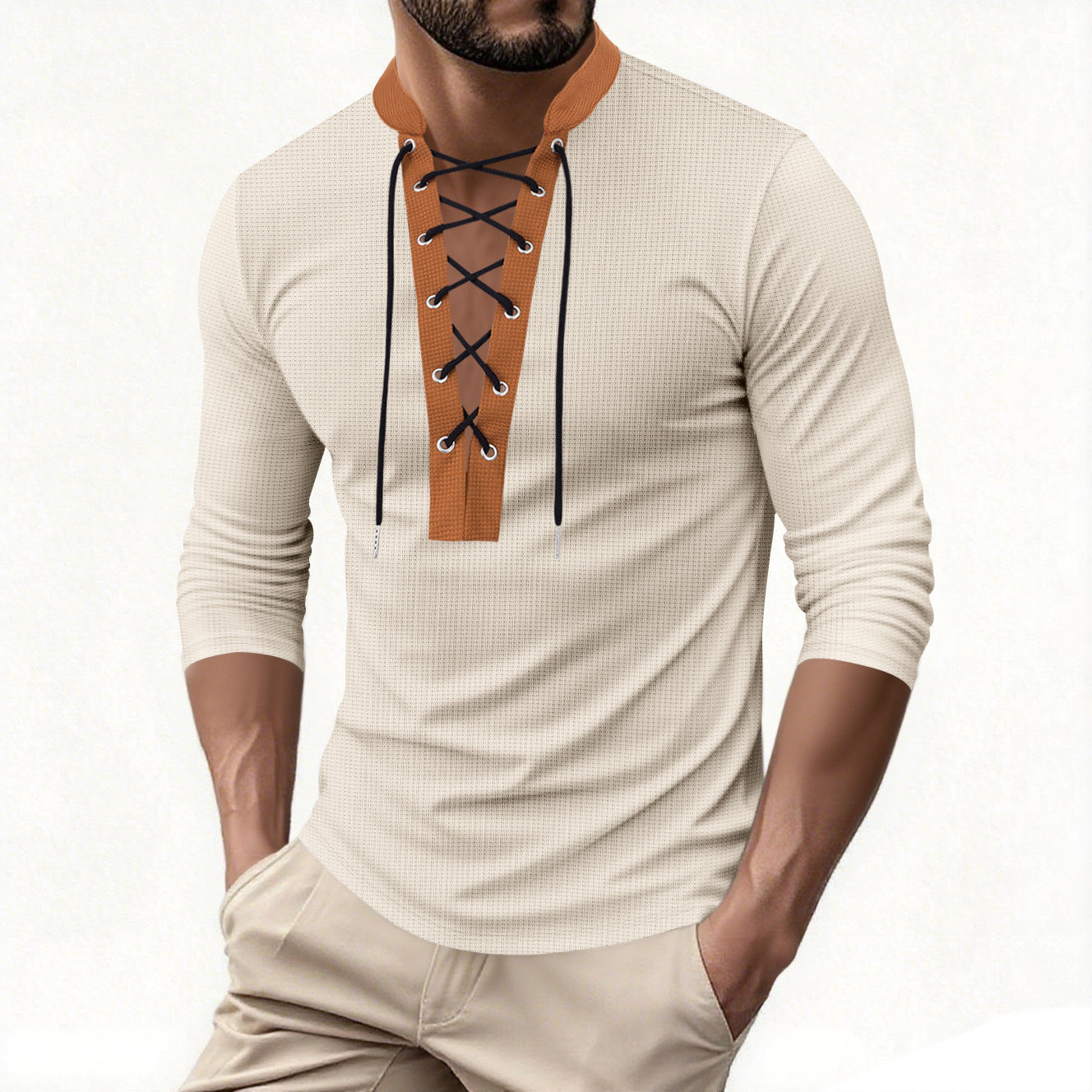 Herren modisches Langarmshirt mit Schnürung R&B