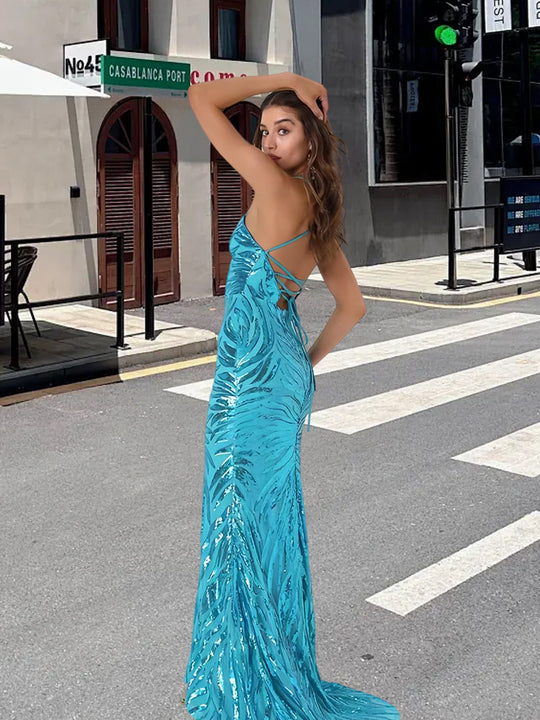 Damen Glamouröses Abendkleid mit funkelndem Paillettenmuster und V-Ausschnitt R&B