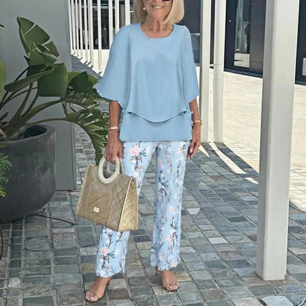 Damen nan Lagen-Tunika mit Cape-Ärmeln und knöchellanger Geradebeinhose mit Grafikprint R&B