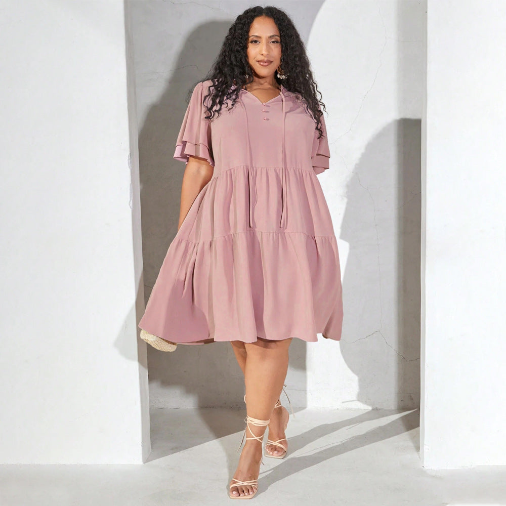 Damen luftiges Freizeitkleid mit verspielten Rüschen und elegantem Bindegürtel R&B