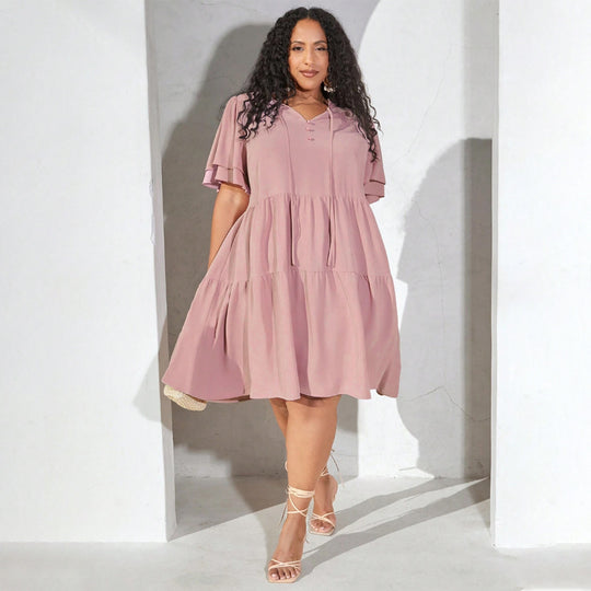 Damen luftiges Freizeitkleid mit verspielten Rüschen und elegantem Bindegürtel R&B