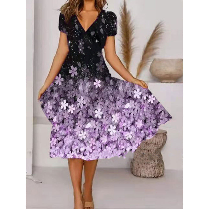 Damen A-Linie Sommerkleid mit V-Ausschnitt und floralen Akzenten R&B