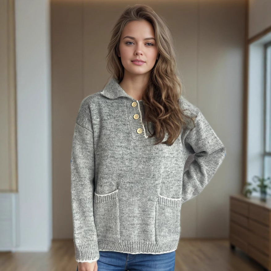 Damen Pullover mit kontrastierendem Kragen und dekorativen Knöpfen R&B