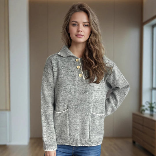Damen Pullover mit kontrastierendem Kragen und dekorativen Knöpfen R&B