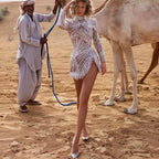 Damen Glamouröses Pailletten-Kleid mit transparenten Akzenten und Fransen R&B