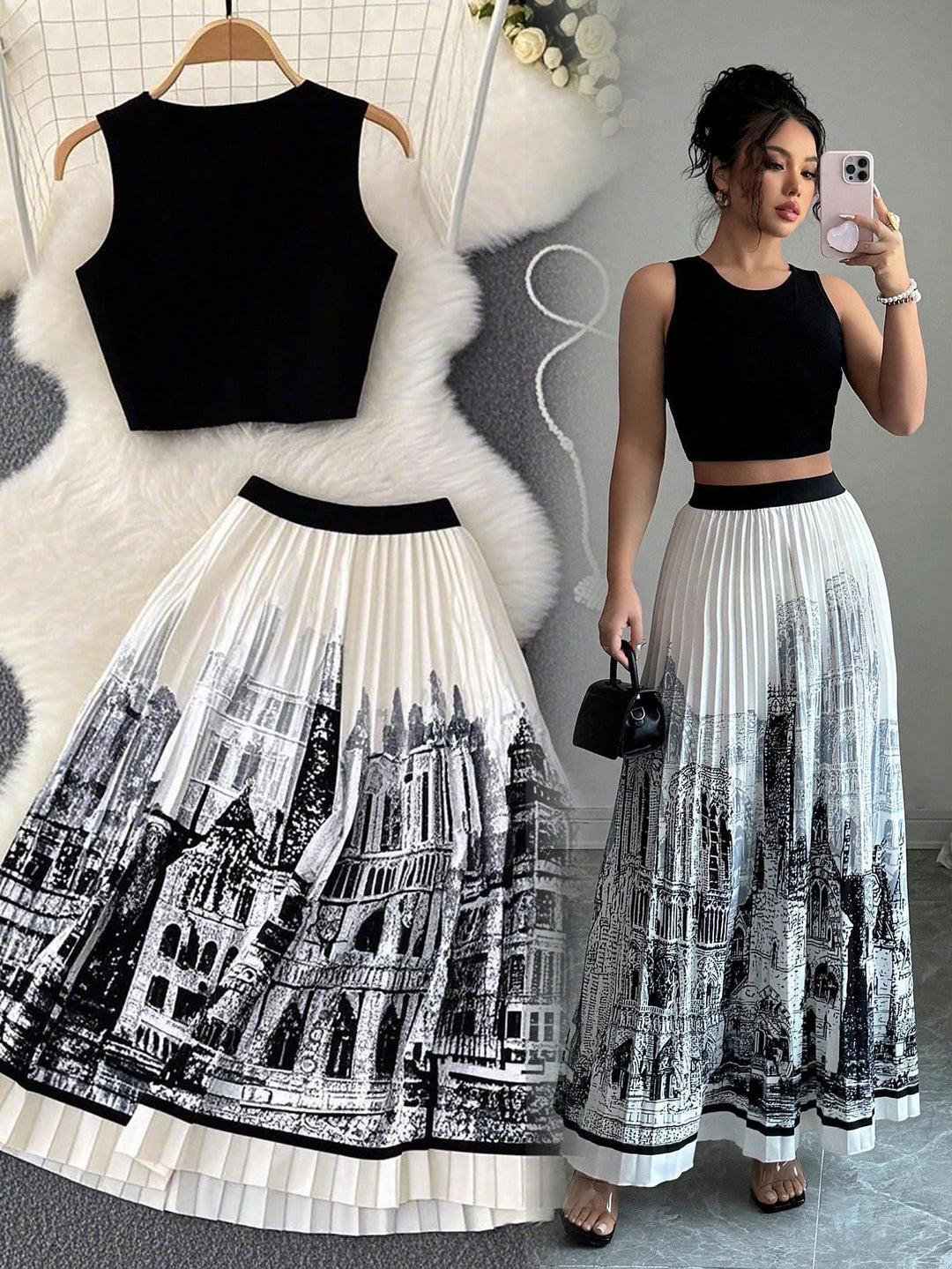 Damen-Set aus ärmellosem Crop-Top und weitschwingendem Maxirock im urbanen Design R&B