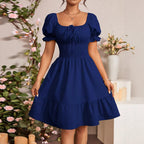 Damen Puffärmel Kleid mit elastischem Tailleneinsatz und Rüschensaum R&B