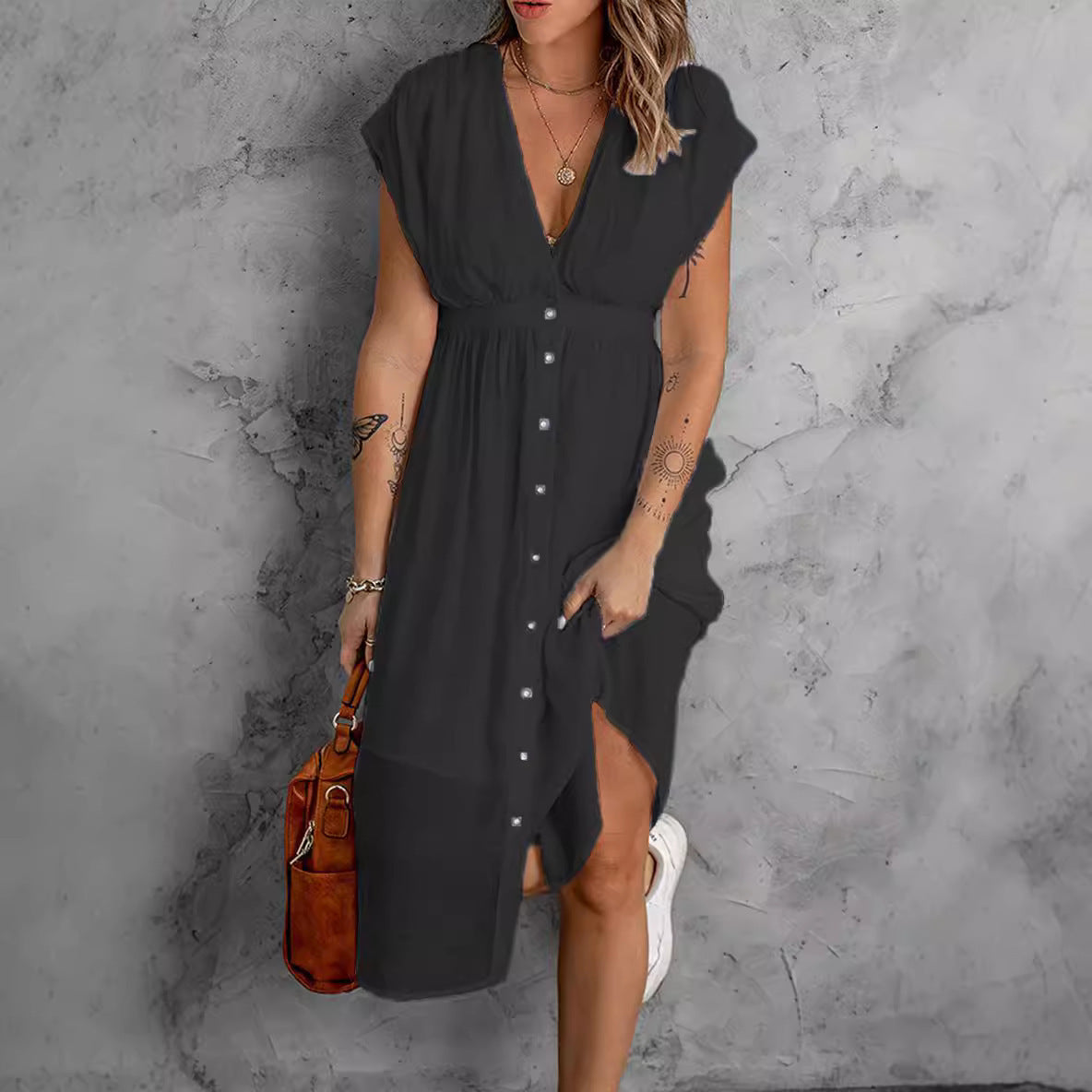 Damen luftiges lässiges Hemdkleid mit Knopfdetails und fließendem Schnitt R&B