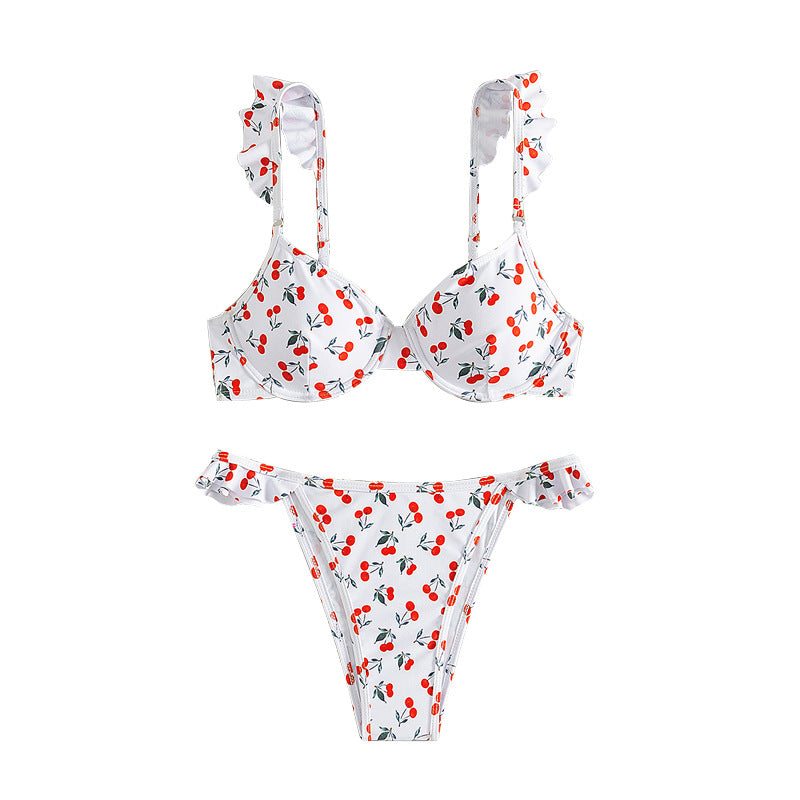 Damen Bikini mit verspieltem Rüschen- und Kirschmuster R&B