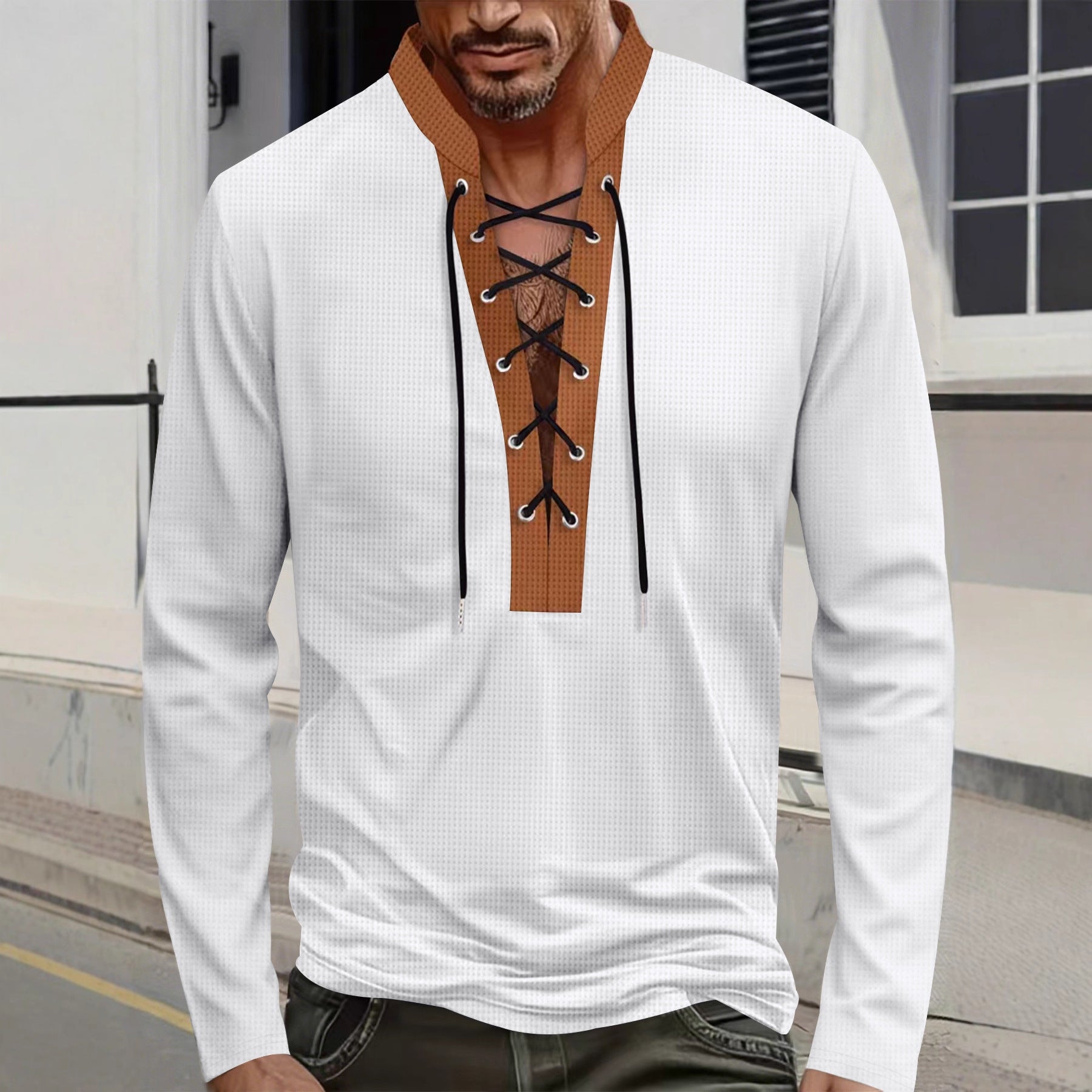 Herren modisches Langarmshirt mit einzigartigem Schnürdesign und ansprechendem Kragen R&B