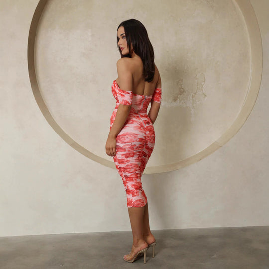 Damen Figurbetontes Midikleid mit schulterfreiem Design und floralem Print R&B