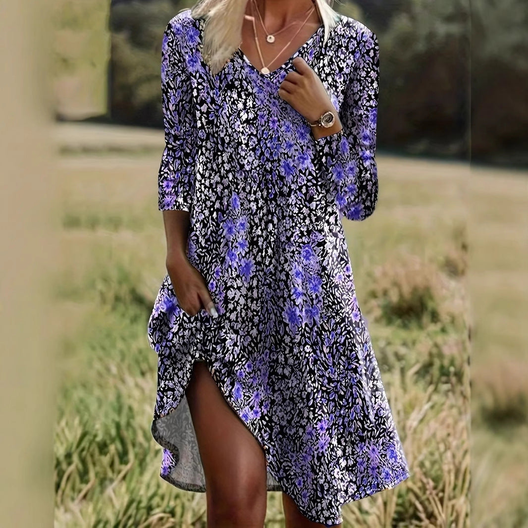 Damen Freizeitkleid mit modischem V-Ausschnitt und Seitenschlitz R&B