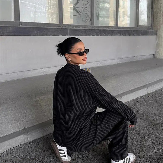 Damen lässiges und modisches Strick-Set mit Rippstruktur und weitem Bein R&B