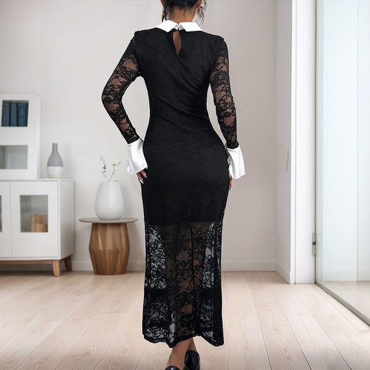 Damen Midikleid mit transparentem Spitzenoberteil und eleganter Blusenkragen R&B