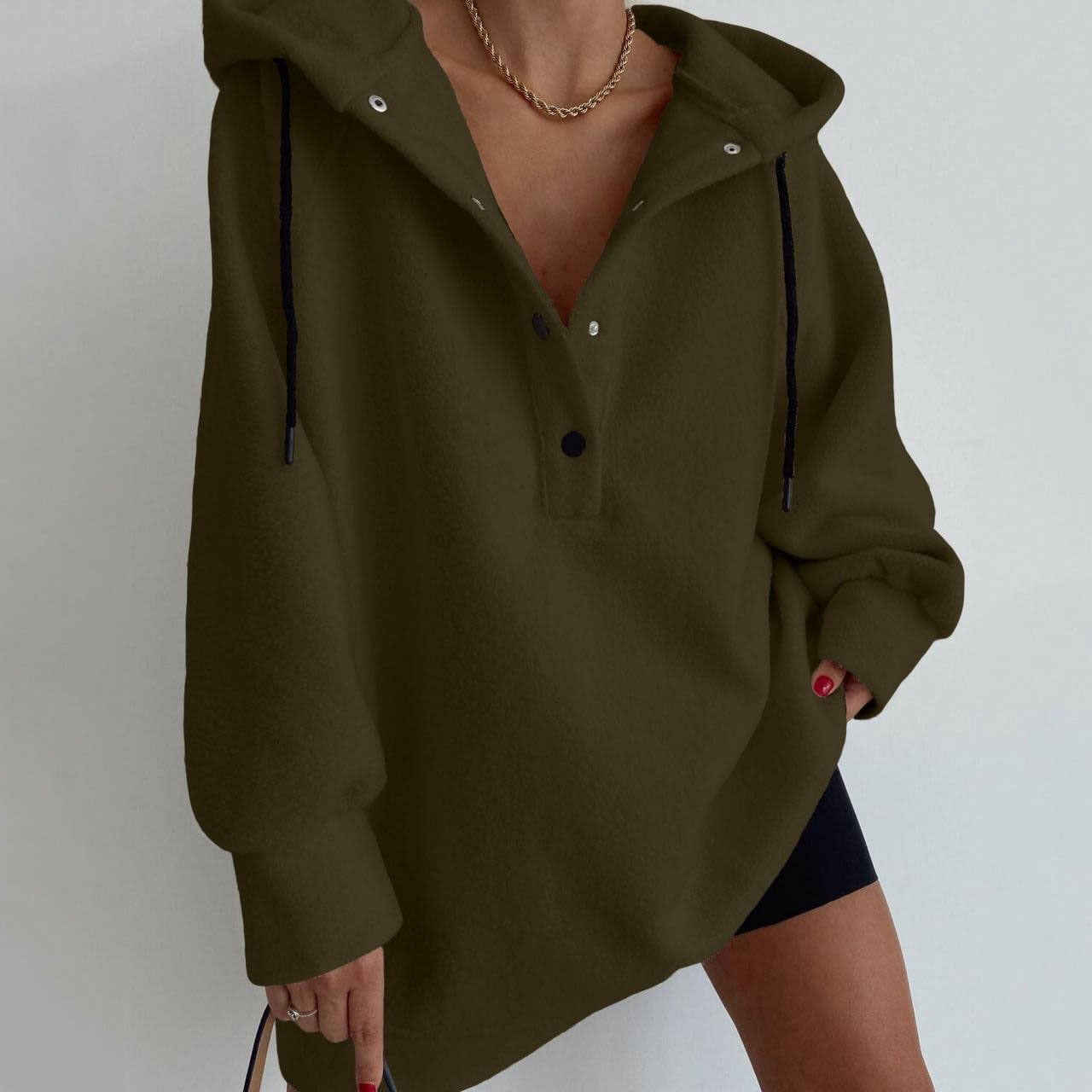 Damen nan kuscheliges Kapuzen-Fleece-Tunika-Sweatshirt mit Druckknopfleiste und überschnittener Schulter R&B