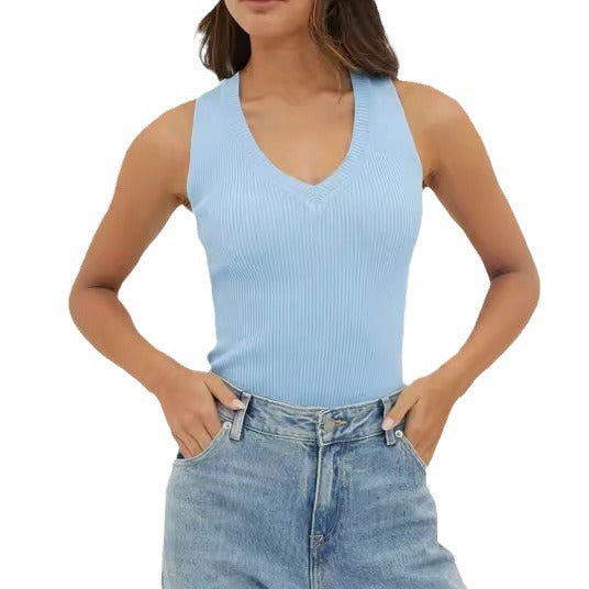 Damen figurbetontes V-Ausschnitt Rippenshirt R&B