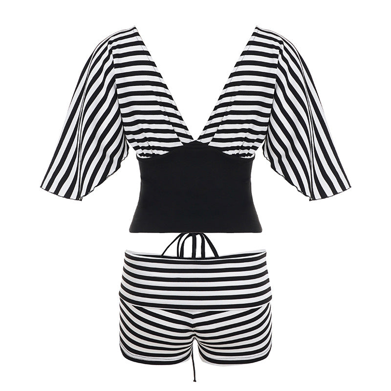 Damen Biquini-Set mit voluminösen Ärmeln und gestreiftem Design R&B