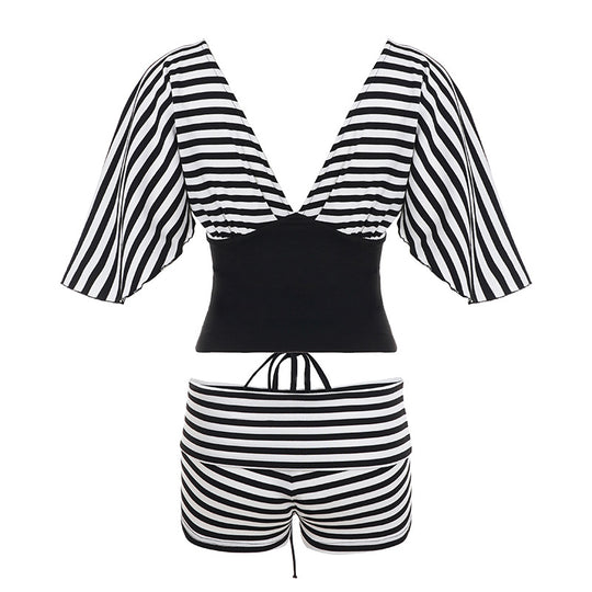 Damen Biquini-Set mit voluminösen Ärmeln und gestreiftem Design R&B
